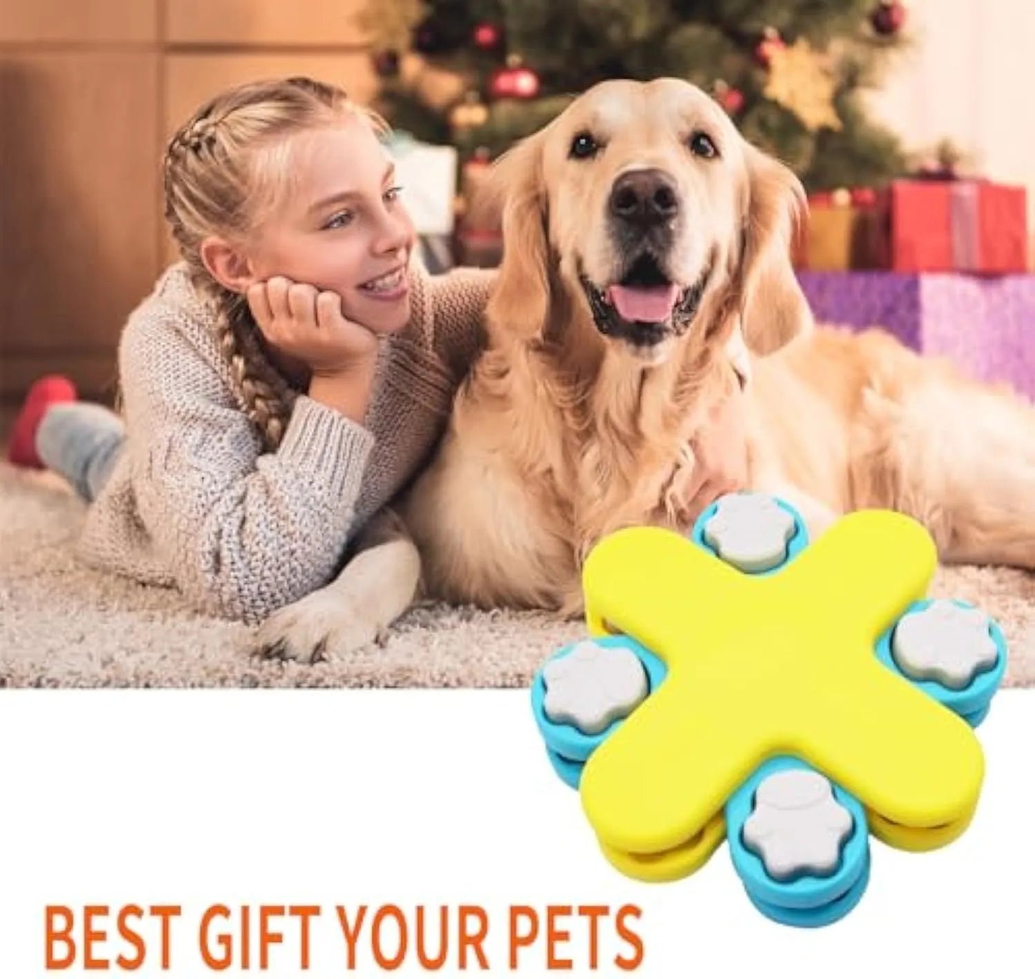 Yellow three-layer rotating dog puzzle feeder with anti-slip rubber pads on base