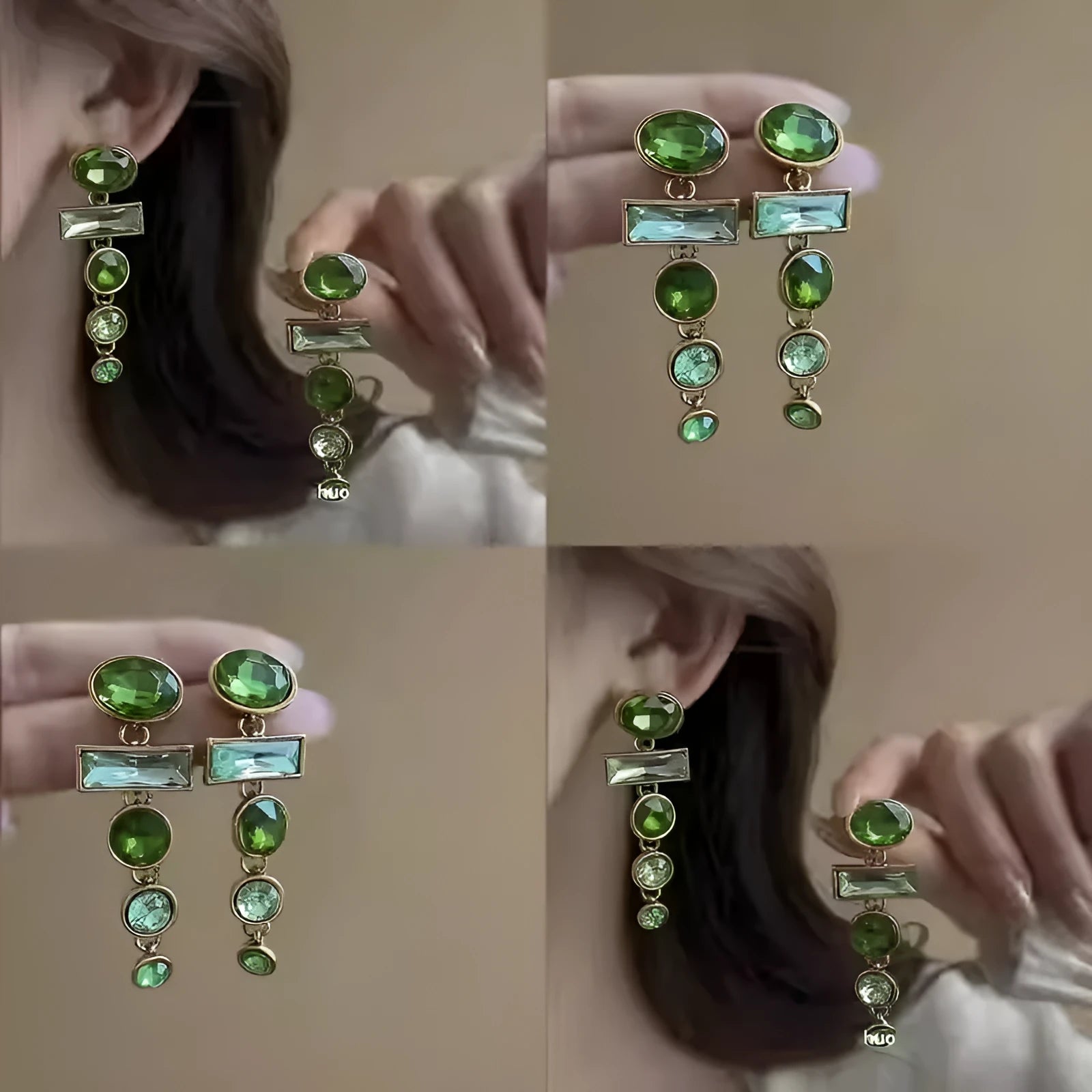 A pair of geometric Chinese style alloy earrings with a retro green gradient finish and zircon-inlaid tassels.