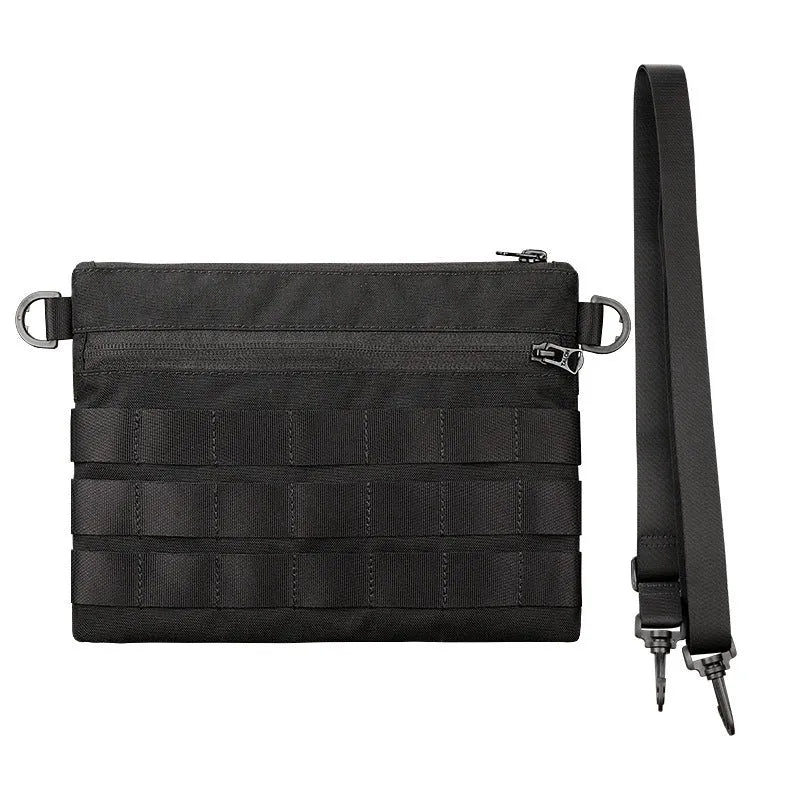 Black tactical waist pack made from Oxford cloth measuring 18cm by 3.5cm