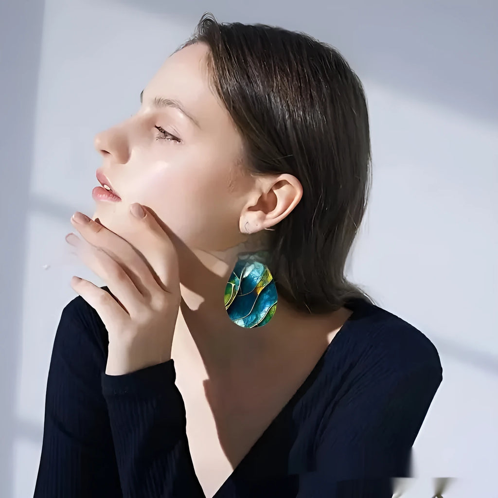 Acrylic drop earrings with intricate flat branch knot pattern design in two style variations