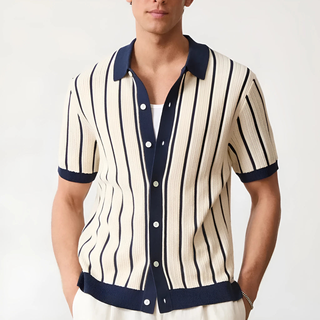 Men's white ice silk knitted short sleeve lapel top with asymmetric stripe pattern