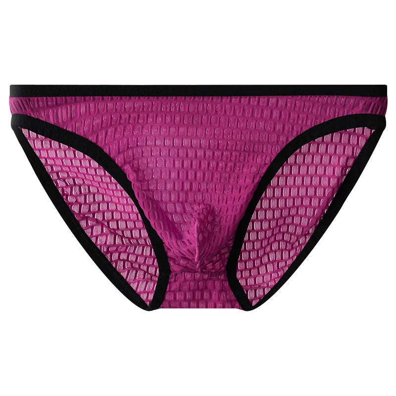 Men's low waist transparent lace underwear in a choice of colours on a size chart.