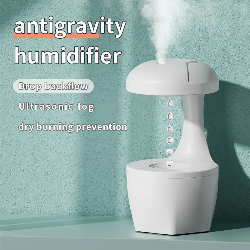White portable 800ml cool mist USB humidifier with anti-gravity droplet design and aromatherapy for bedroom