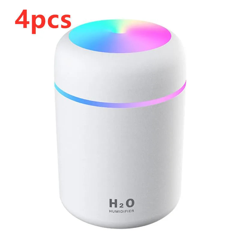 Pink USB desktop humidifier with colourful LED lights and 300ml water tank on wooden desk