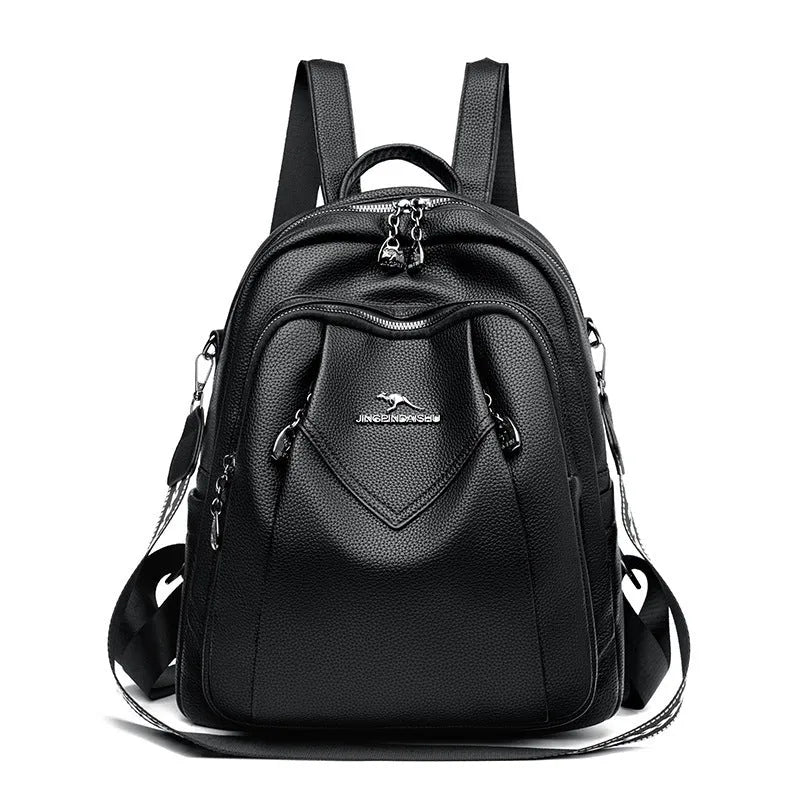 Genuine leather geometric patchwork student backpack with metal belt decoration, waterproof and wear-resistant, in black beige and yellow