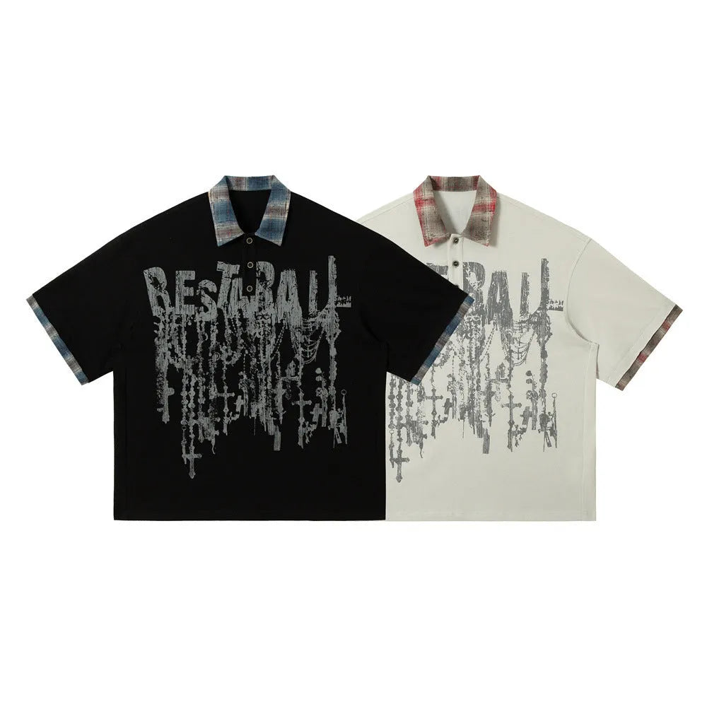 Men's loose fit cotton short-sleeved top with asymmetric graffiti print in blue or red
