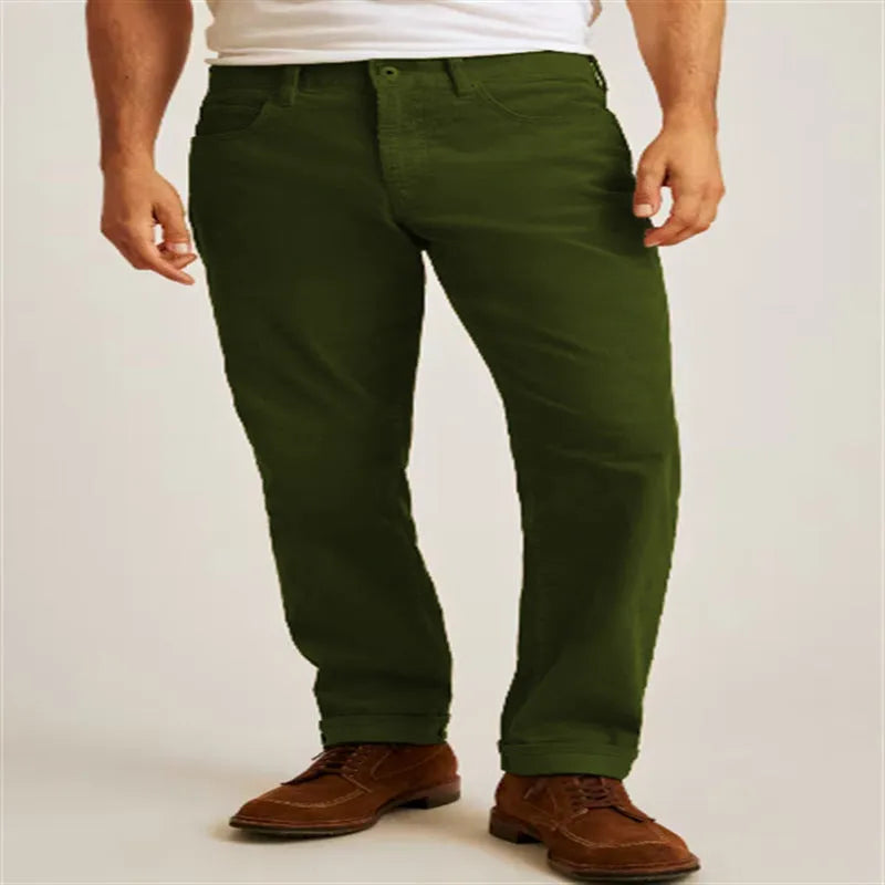 Straight-leg corduroy trousers in solid colour with mid waist and zip fly closure
