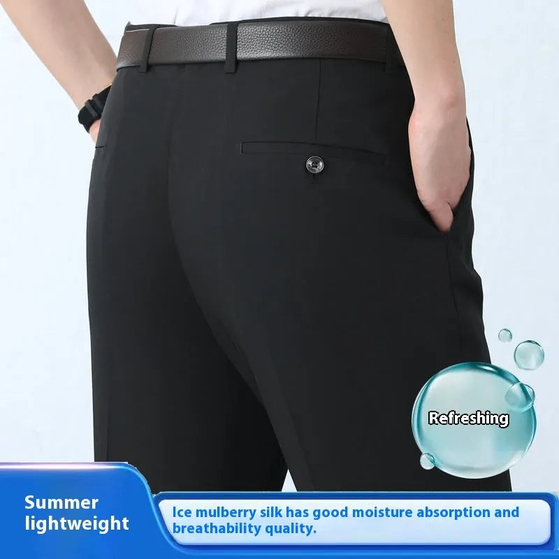 Men's dark blue straight-leg business trousers with a high waistband on a hanger.
