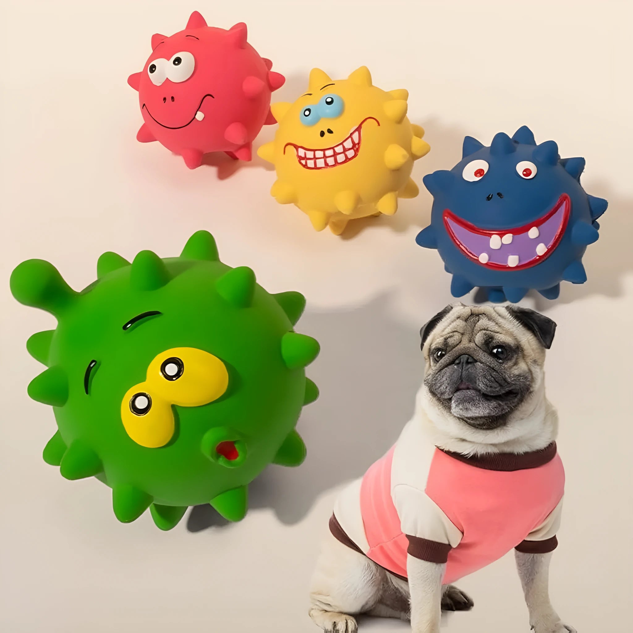 Set of four coloured latex squeaky dog balls with cute faces on a bumpy surface.