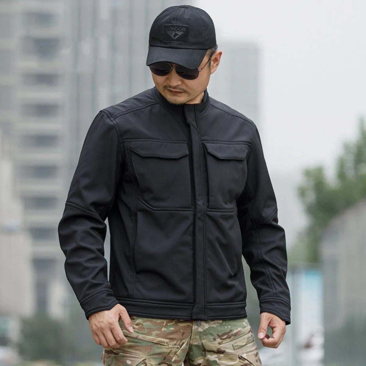 Bone Frog Peak Breaker soft shell mountaineering jacket in black camouflage