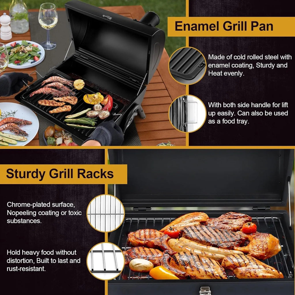 Small folding desktop charcoal barbecue grill showing portable design