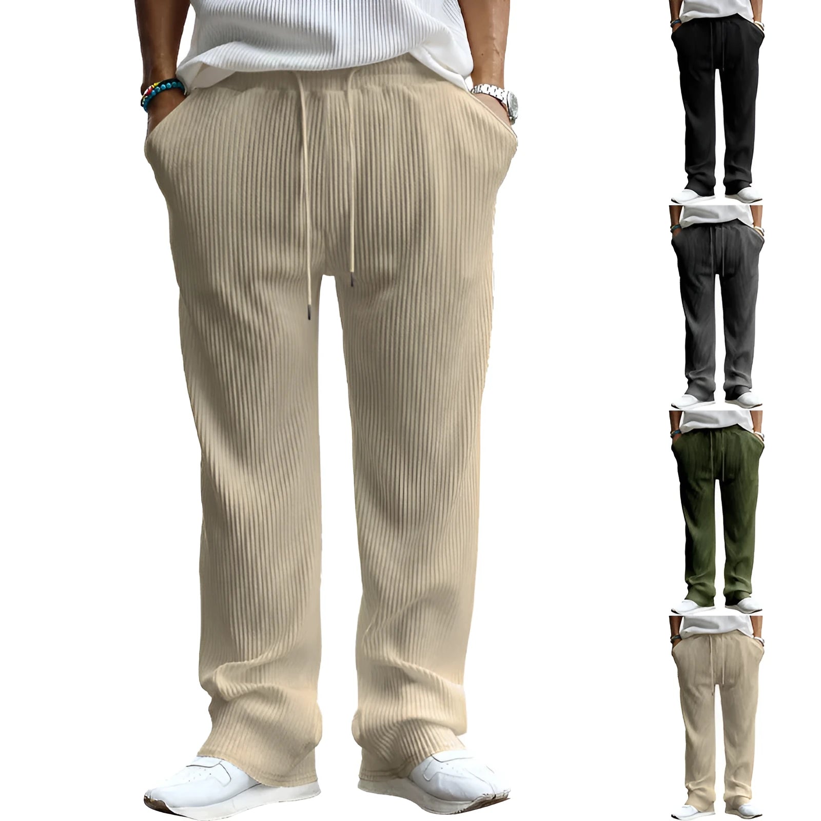 Man wearing loose high-waist striped casual trousers in Army Green, showing the straight leg fit.