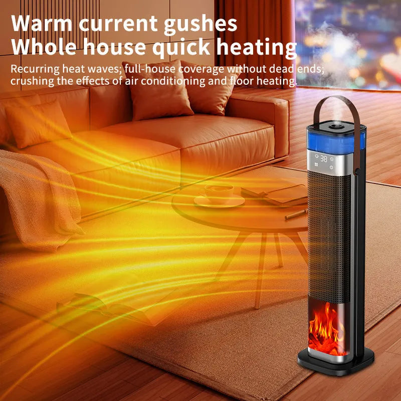 Tall vertical ceramic space heater with humidifier function and remote control on a wooden floor.