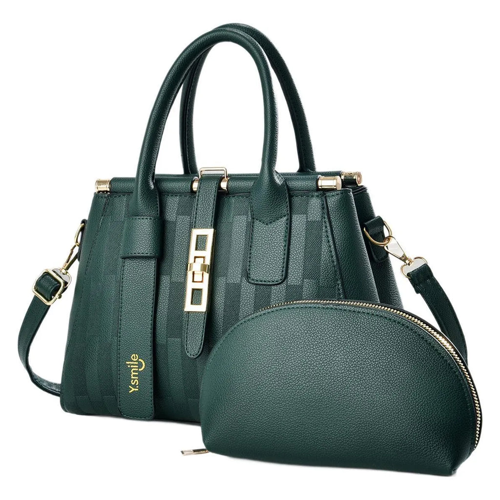 Round black PU handbag with crossbody strap shown alongside light khaki and purplish red colour options