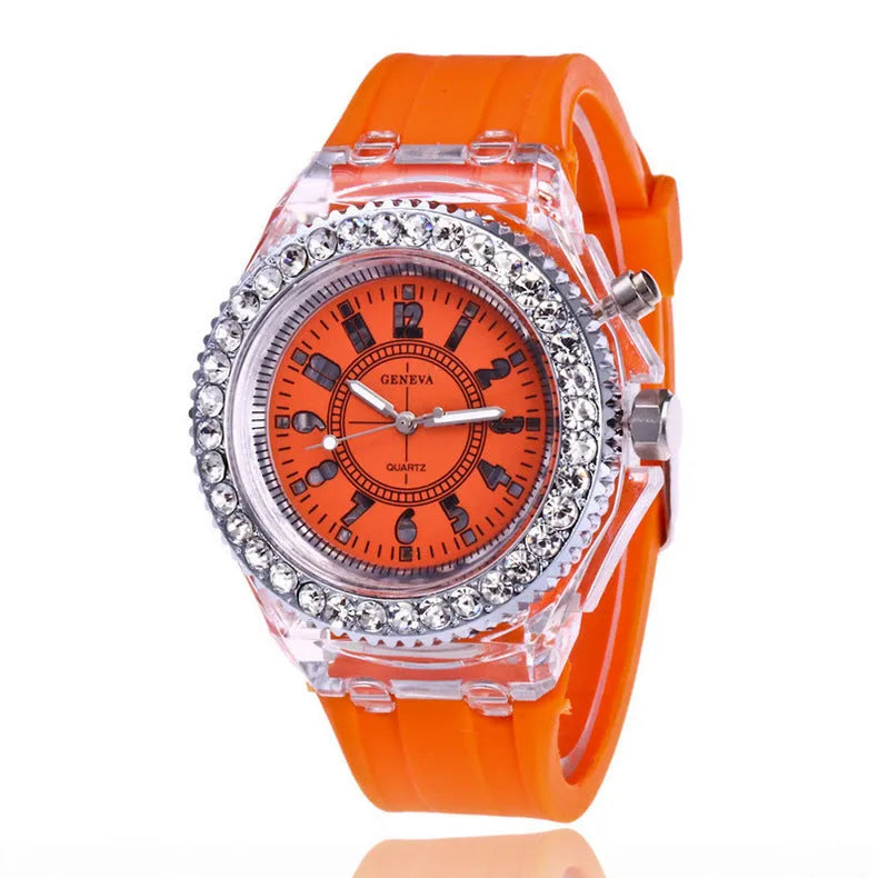Women's luminous quartz watch with round 43mm alloy case and silicone strap in multiple colours