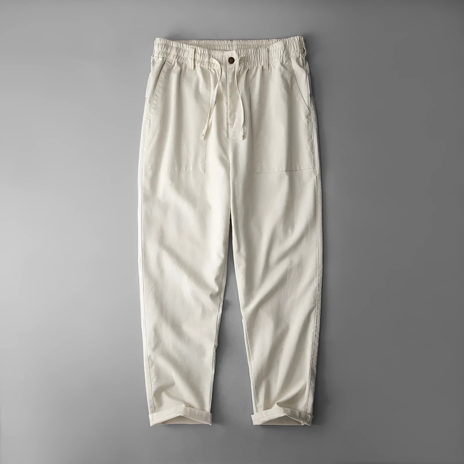 Men's solid colour linen casual trousers in navy blue, shown from the front.