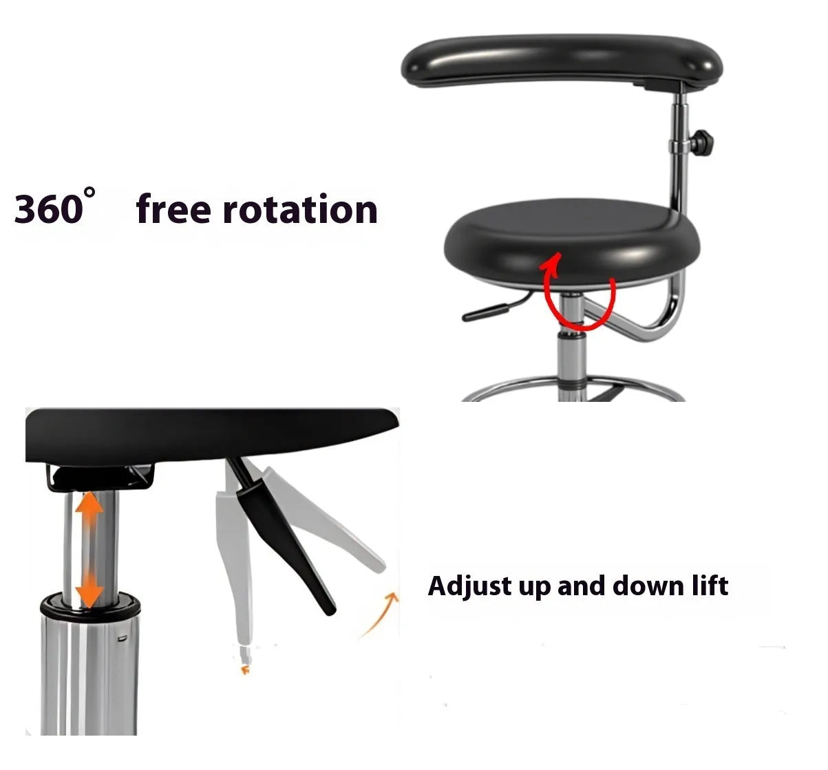 Black leather dentist and nurse chair with hydraulic lift base in a clinical setting.