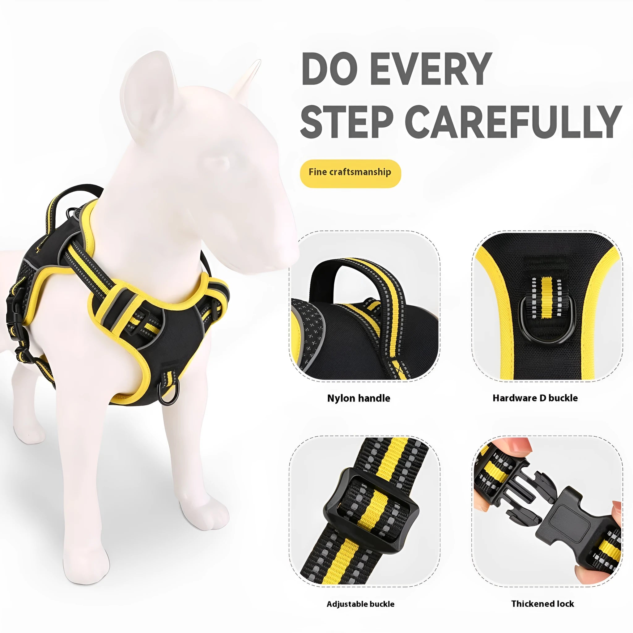 Yellow or orange polyester dog harness with traction strap for outdoor pet training