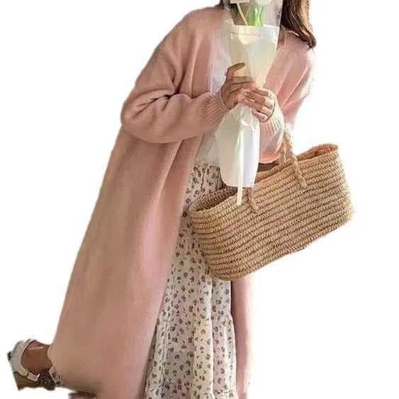 Women's knitted cardigan coat with V-neck and 65cm mid-length design in five colour options