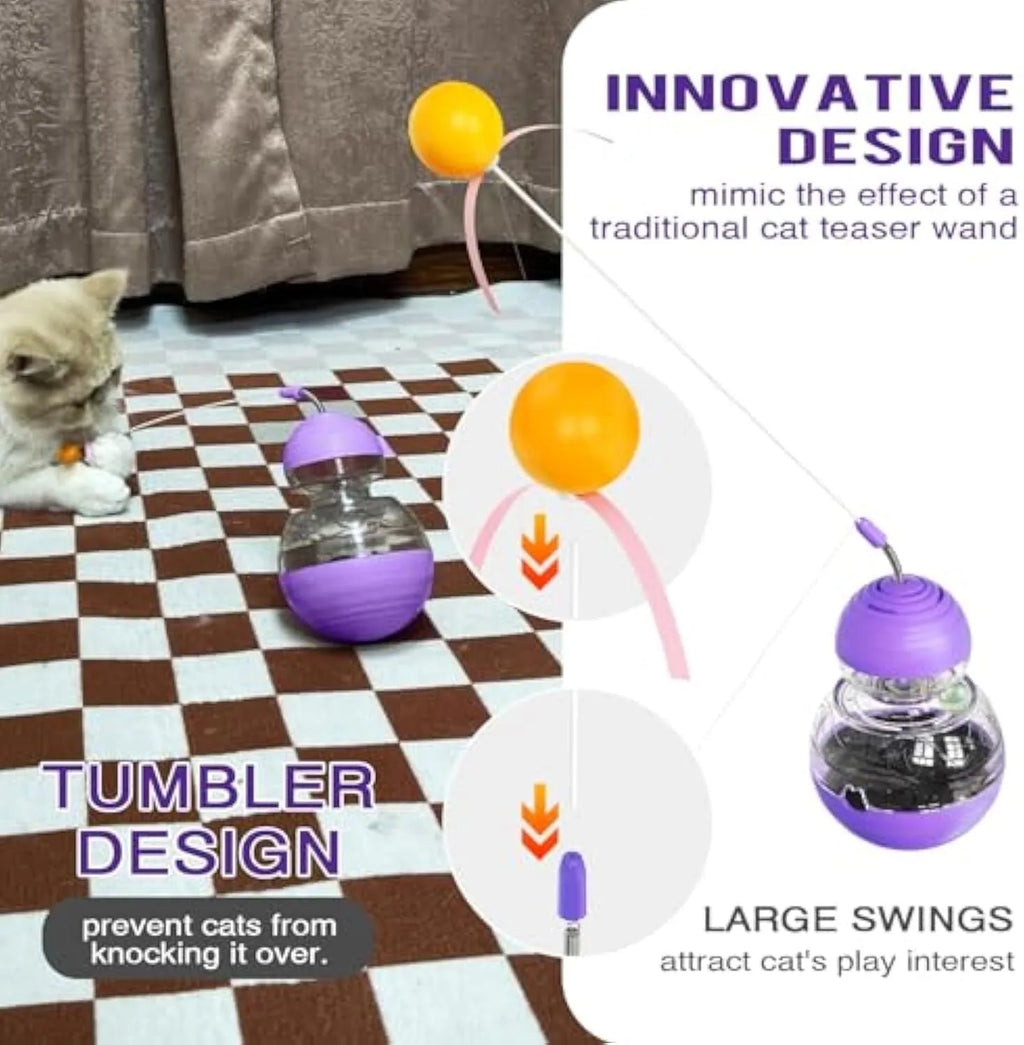 Electric yellow cat interactive toy wand with bouncing ball, ribbon teaser, and rotating food dispenser base
