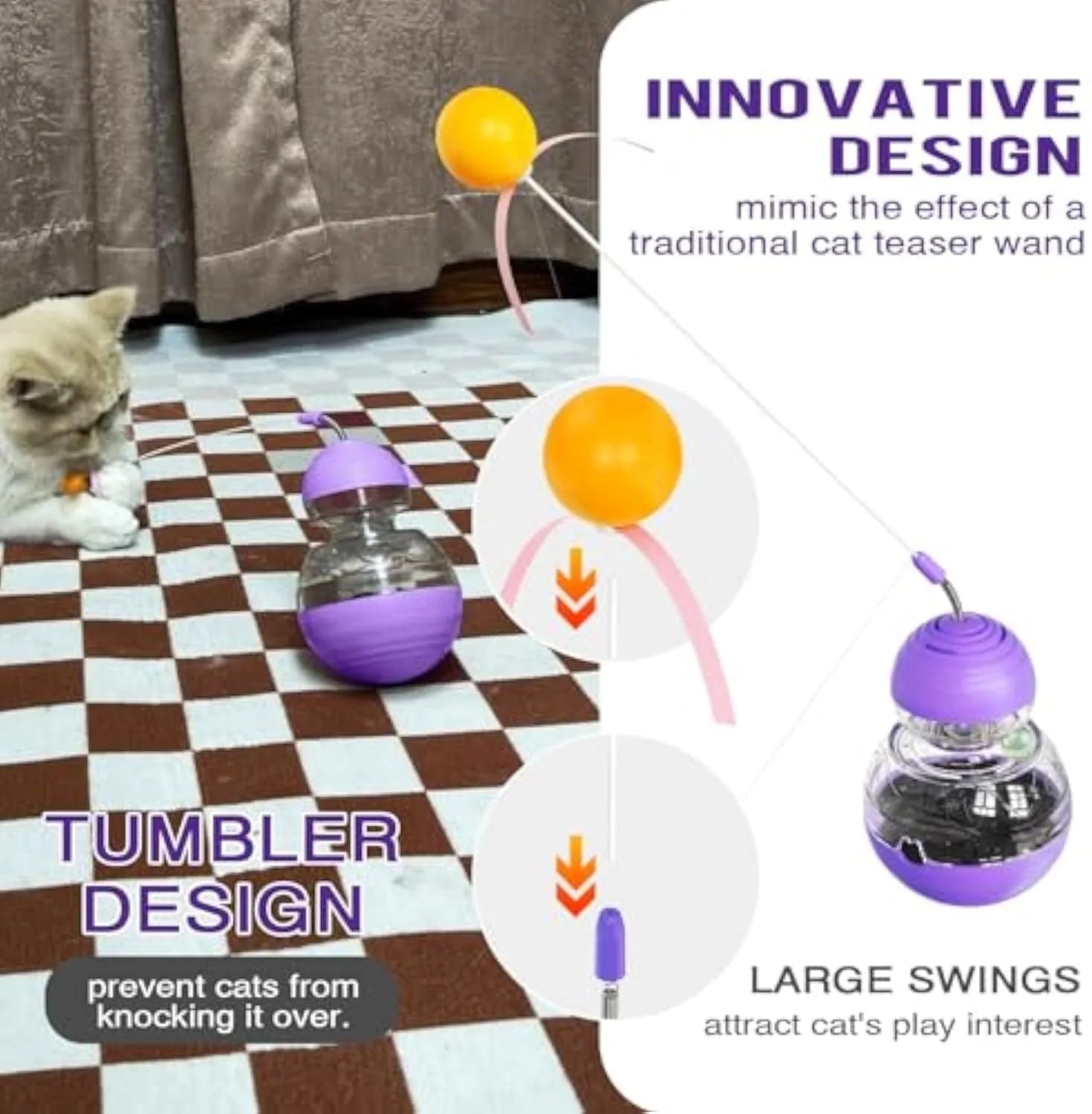 Electric yellow cat interactive toy wand with bouncing ball, ribbon teaser, and rotating food dispenser base