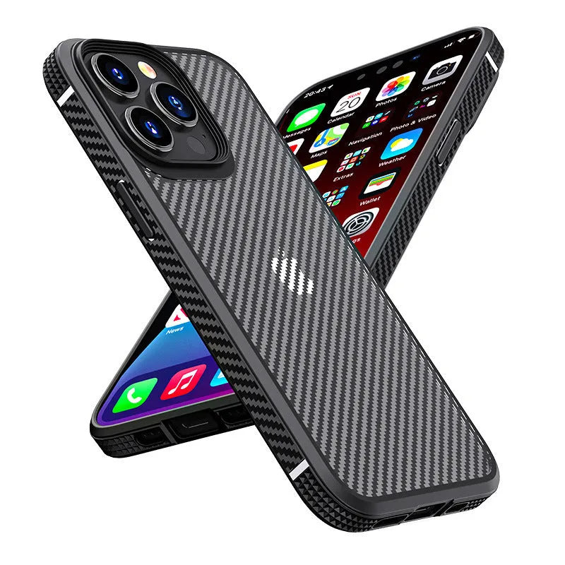 Black anti-fall iPhone 13 protective case with carbon fibre pattern and TPU+PC construction