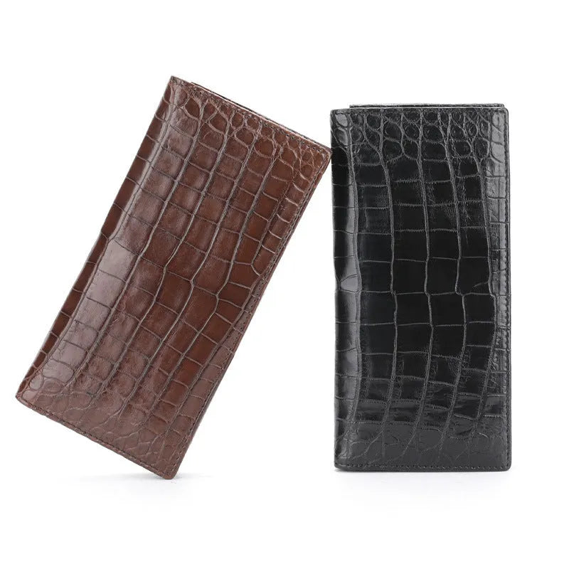 Black genuine cowhide leather business bifold wallet with card slots, ID window, and coin pocket
