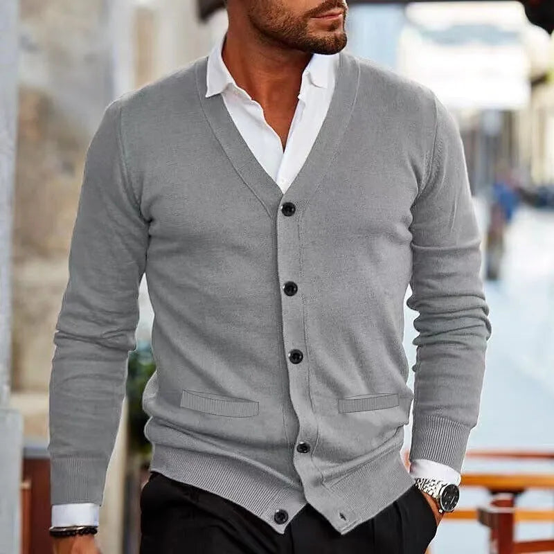 Men's slim fit acrylic cardigan sweater in beige colour, shown on a model.