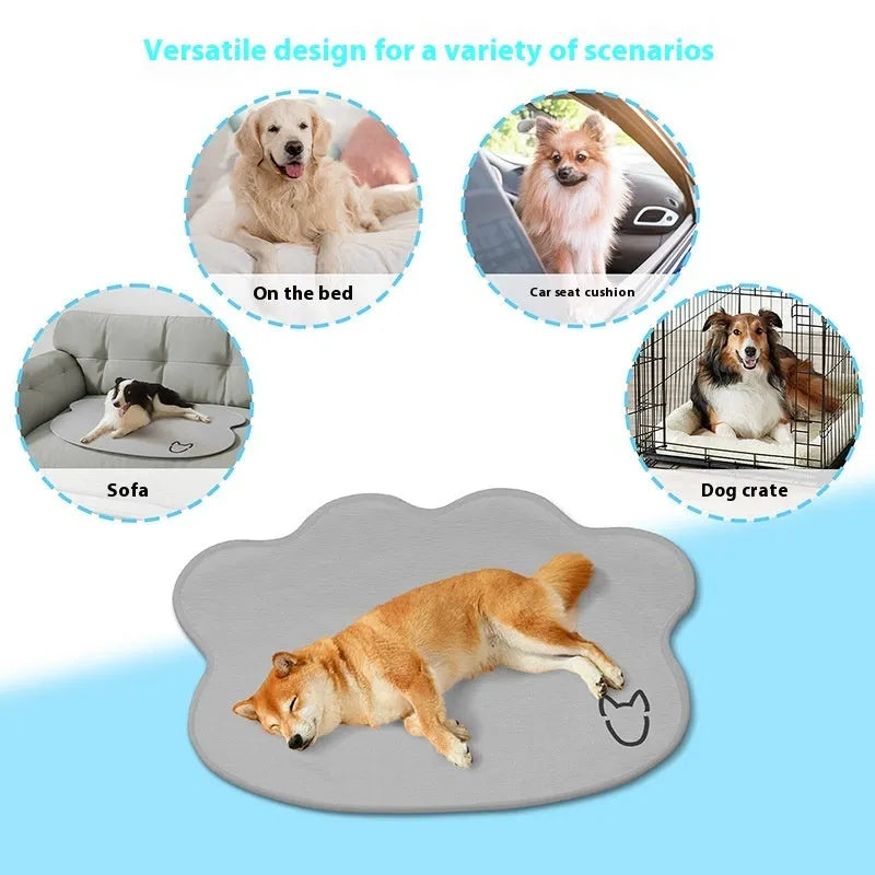 Dog cooling ice mat with simple dog head pattern in light grey colour showing non-slip underside