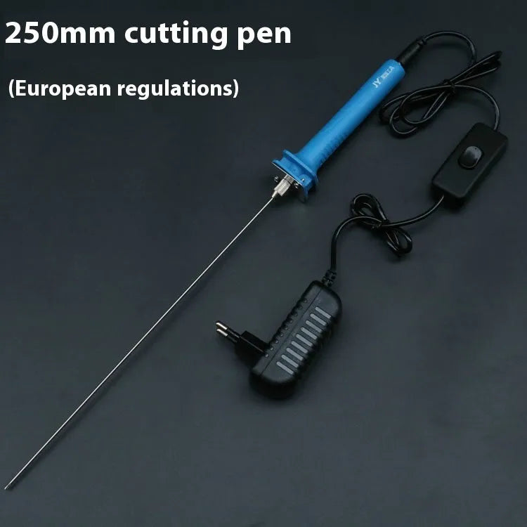 Blue electric heating foam cutter pen with plastic handle and long metal blade on a workbench.