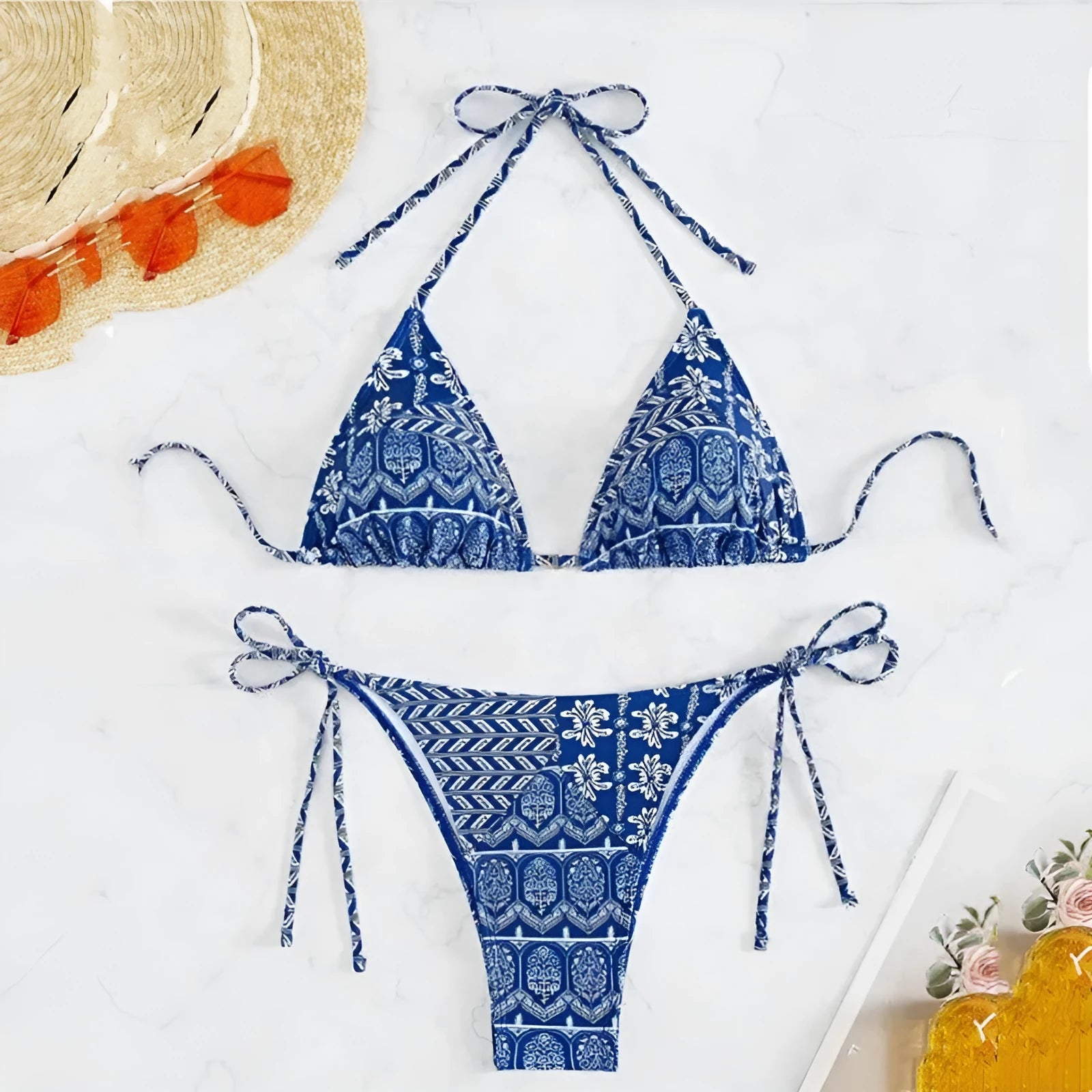 Women's split bikini swimsuit with bandage stitching in polyester material