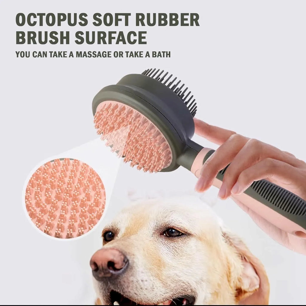 Pink and green double-sided cat grooming brush with flea comb attachment and release button