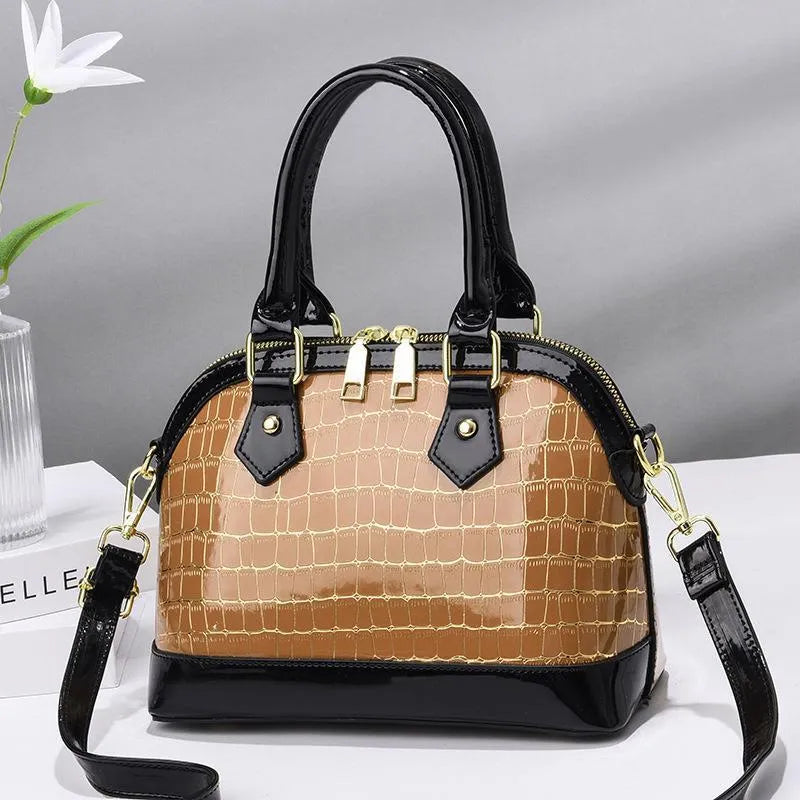 Women's shell-shaped PU top handle crossbody bag, solid colour, patent finish, metal accent, large size, zipper closure