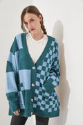 Women's loose slim fit printed checks knitwear cardigan in polyester spandex fabric