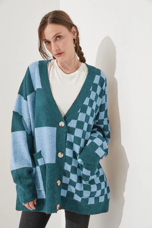 Women's loose slim fit printed checks knitwear cardigan in polyester spandex fabric