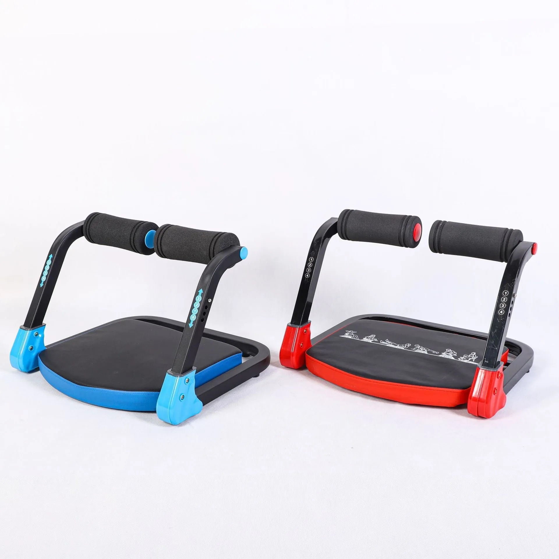 A compact red or sky blue multifunctional abdominal exercise device for home and office fitness.