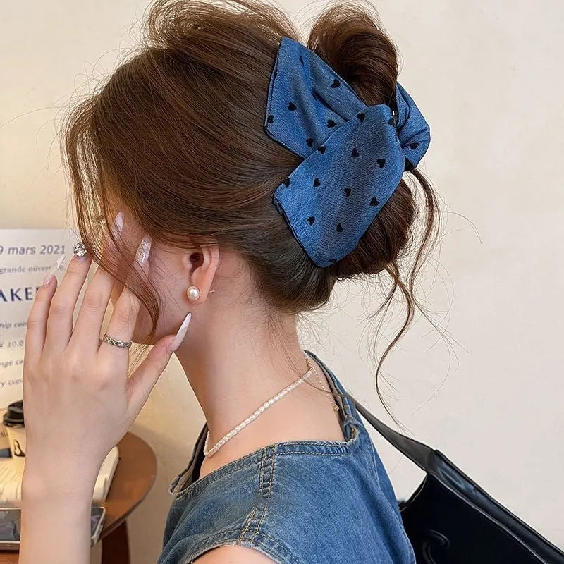 Love Denim Bow Triangle Grip Hair Clip handmade fabric acrylic women's hairpin
