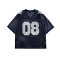 Letter pattern pullover shirt in loose fit with short sleeves available in black or navy blue
