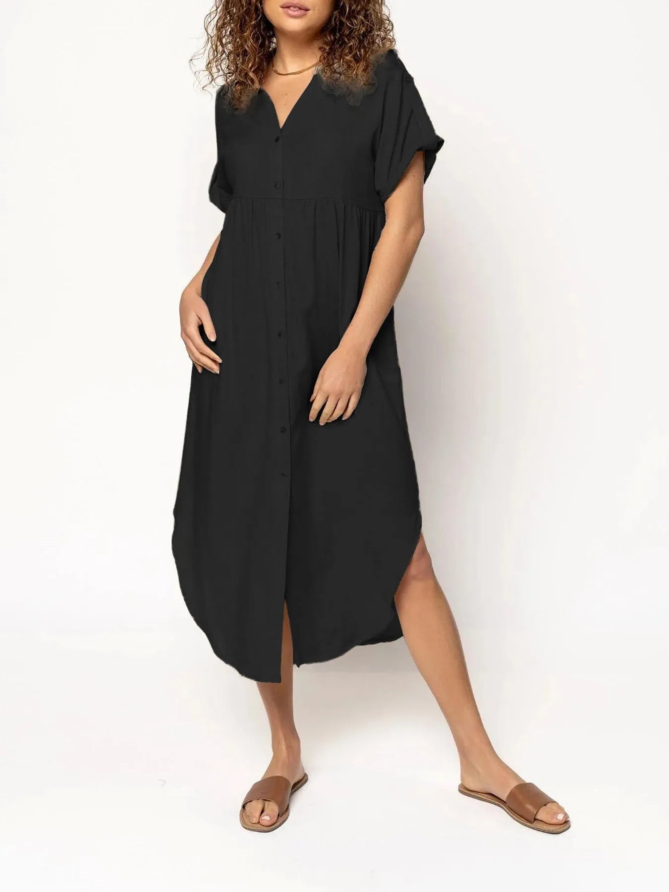 Loose temperament mid-length casual dress with button detailing in polyester fabric