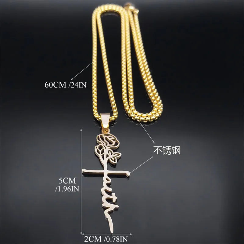 Cross rose necklace 18K gold with 925 silver pendant on stainless steel box chain 60cm length