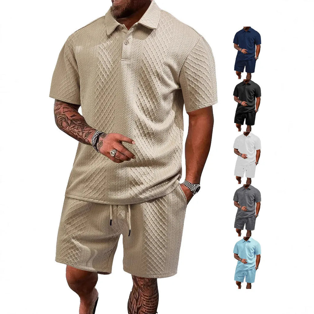 Men's light grey casual short sleeve suit with polo shirt and trousers on a hanger