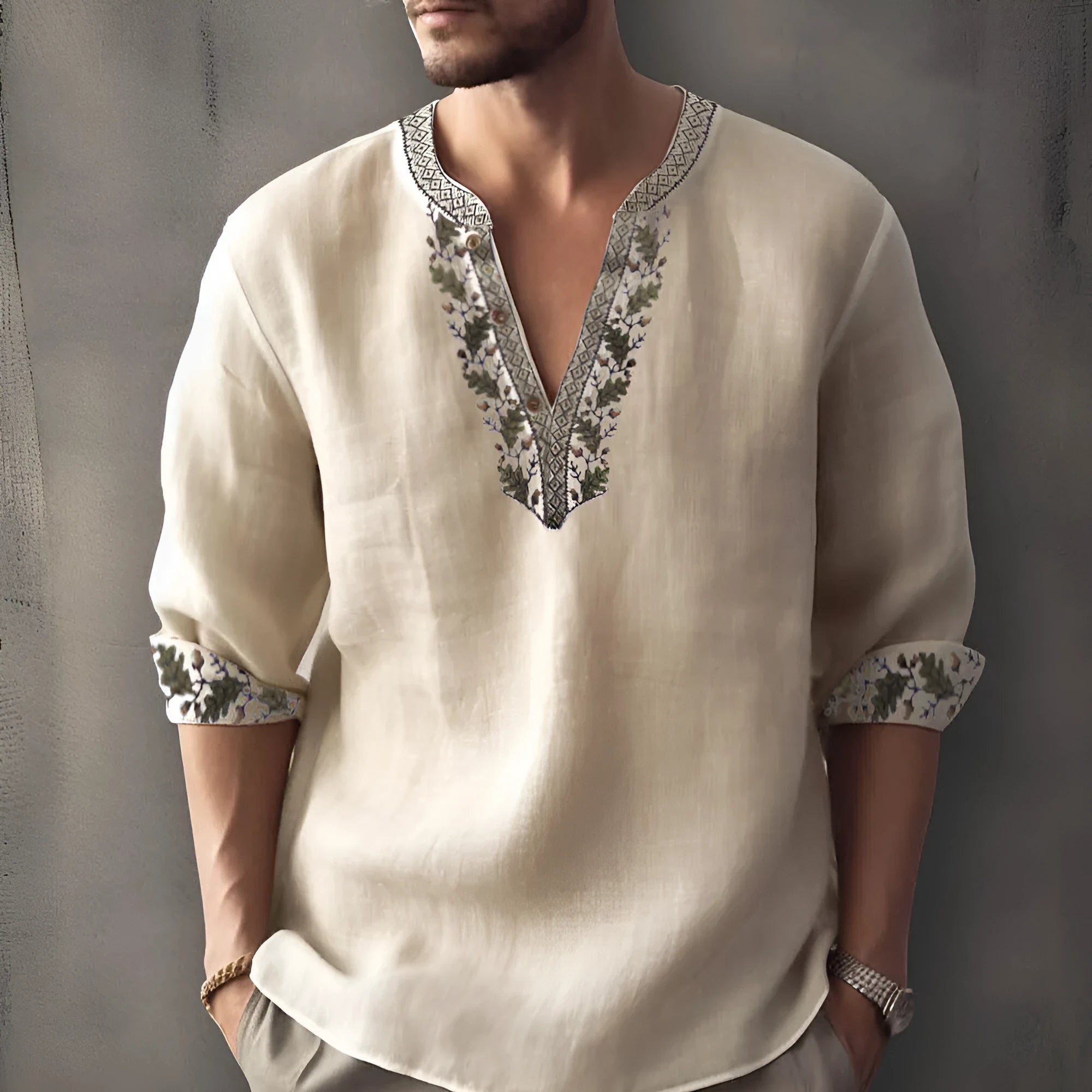British style short sleeve shirt with stripe pattern from 3D digital thermal transfer printing on bamboo hemp fabric.