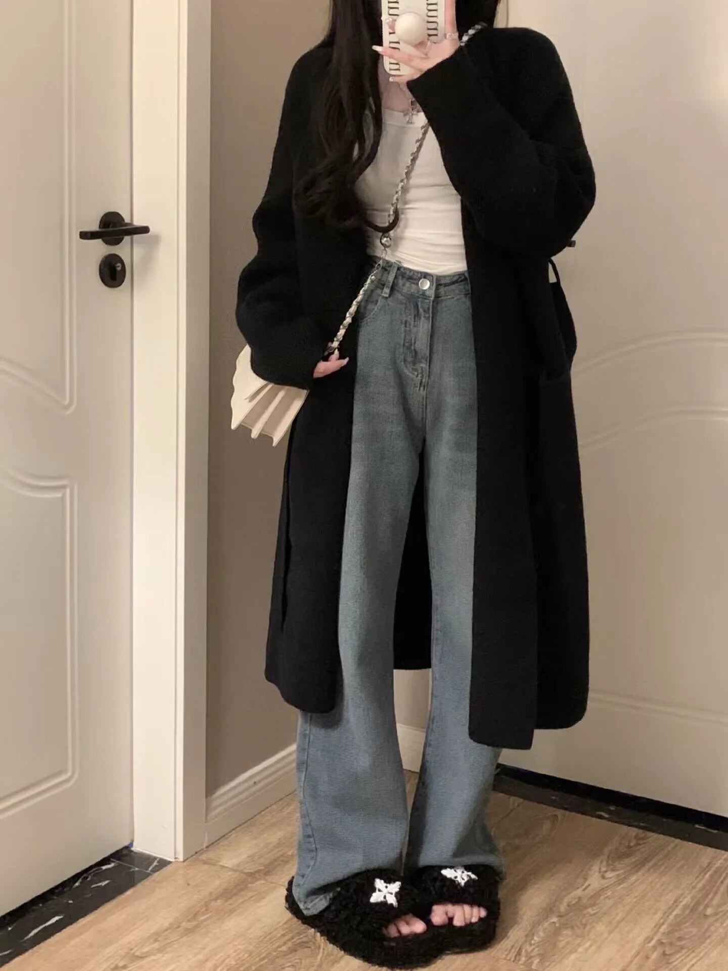 Women's knitted cardigan coat with V-neck and 65cm mid-length design in five colour options