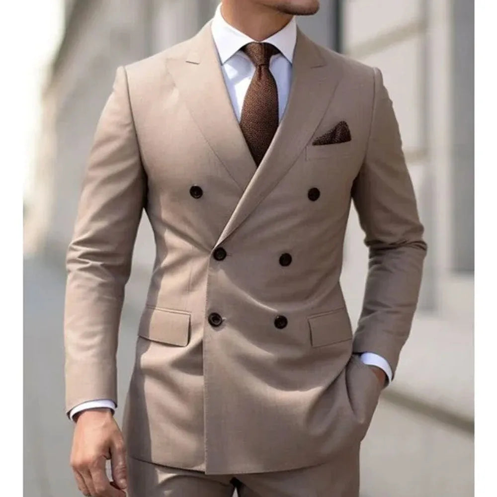 Korean style slim fit men's two-piece suit in grey, business casual cut with adhesive interlining construction.