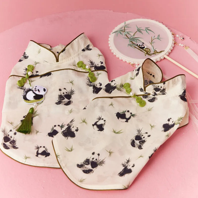 Chinese style sleeveless panda vest for small dog, polyester pet clothing with pendant