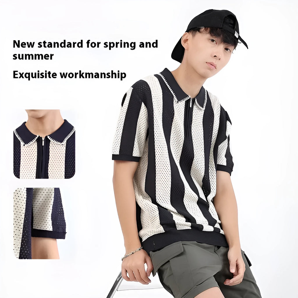 Men's black and white striped short sleeve summer sweater with zipper decoration detail