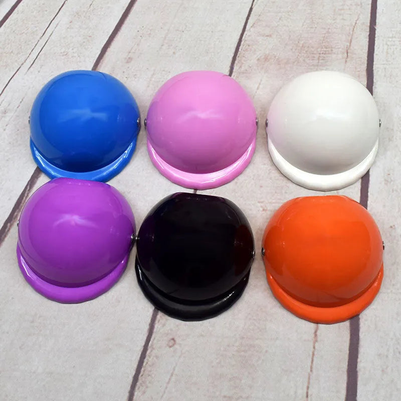 Dog wearing plastic motorcycle cap helmet in Japanese South Korean style, solid colour with paint surface treatment