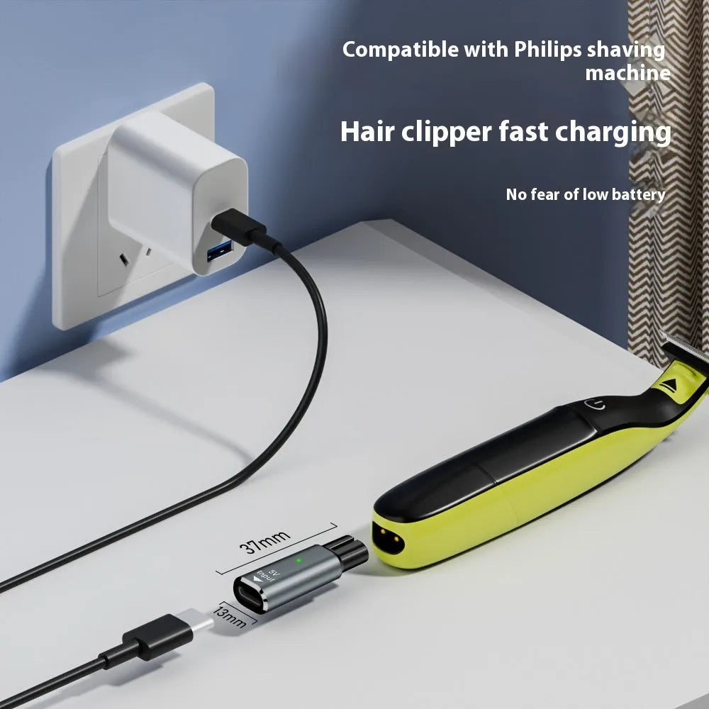 Black USB-C charging adapter for electric shavers with aluminium alloy case and 4.3V 8W output.