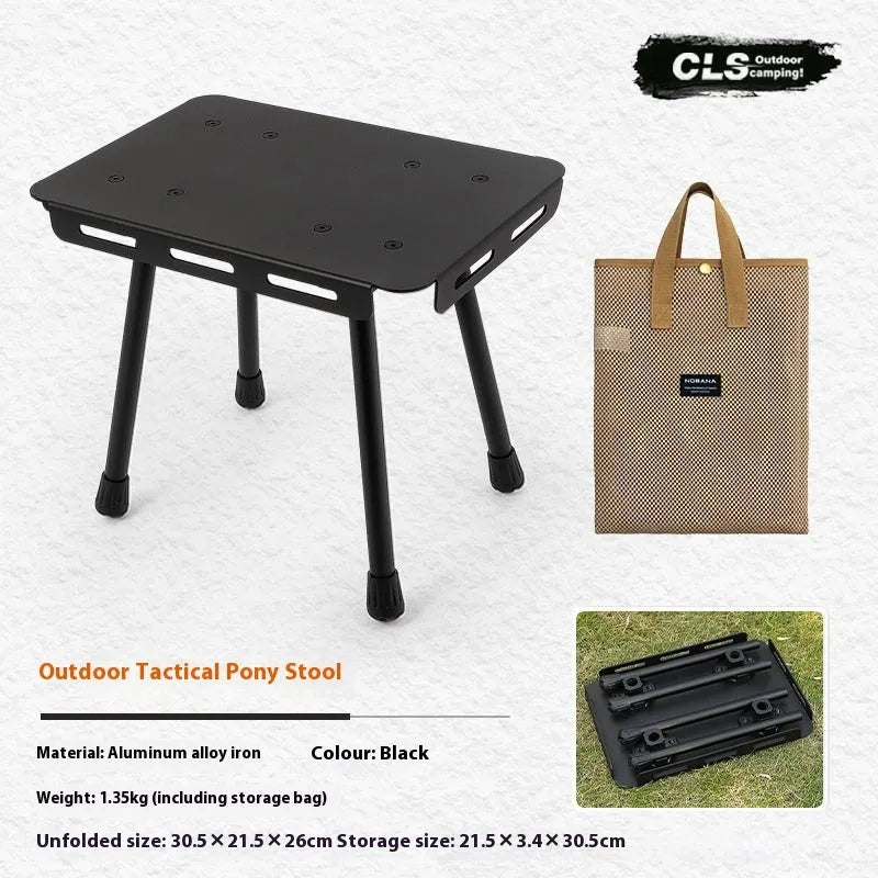 CLS aluminium dual-use folding camping stool shown extended as a table and folded with its carry bag.