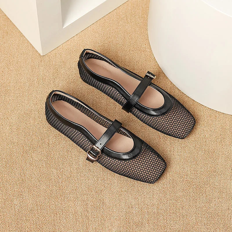 Women's beige mesh low heel pump with a buckle strap and square toe on a neutral background.